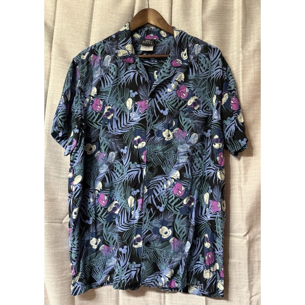 DISNEY Mickey Mouse Rayon Hawaiin‎ Shirt Tropical Party Short Sleeve Black Large